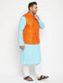 Vastramay Plus Size Men's Aqua Blue Kurta And White Pyjama With Nehru Jacket Set